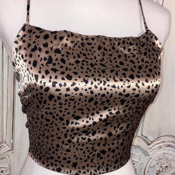 Chocolate Y2K Animal Print Spaghetti Crisscross Strap Cropped Satin Camisole Top - Picture 2 of 7